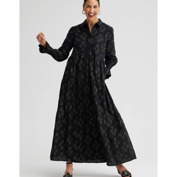 Chicos Maxi Shirt Dress Womens Size 3 XL Black Gold Jacquard Lurex Tiered - Picture 1 of 9
